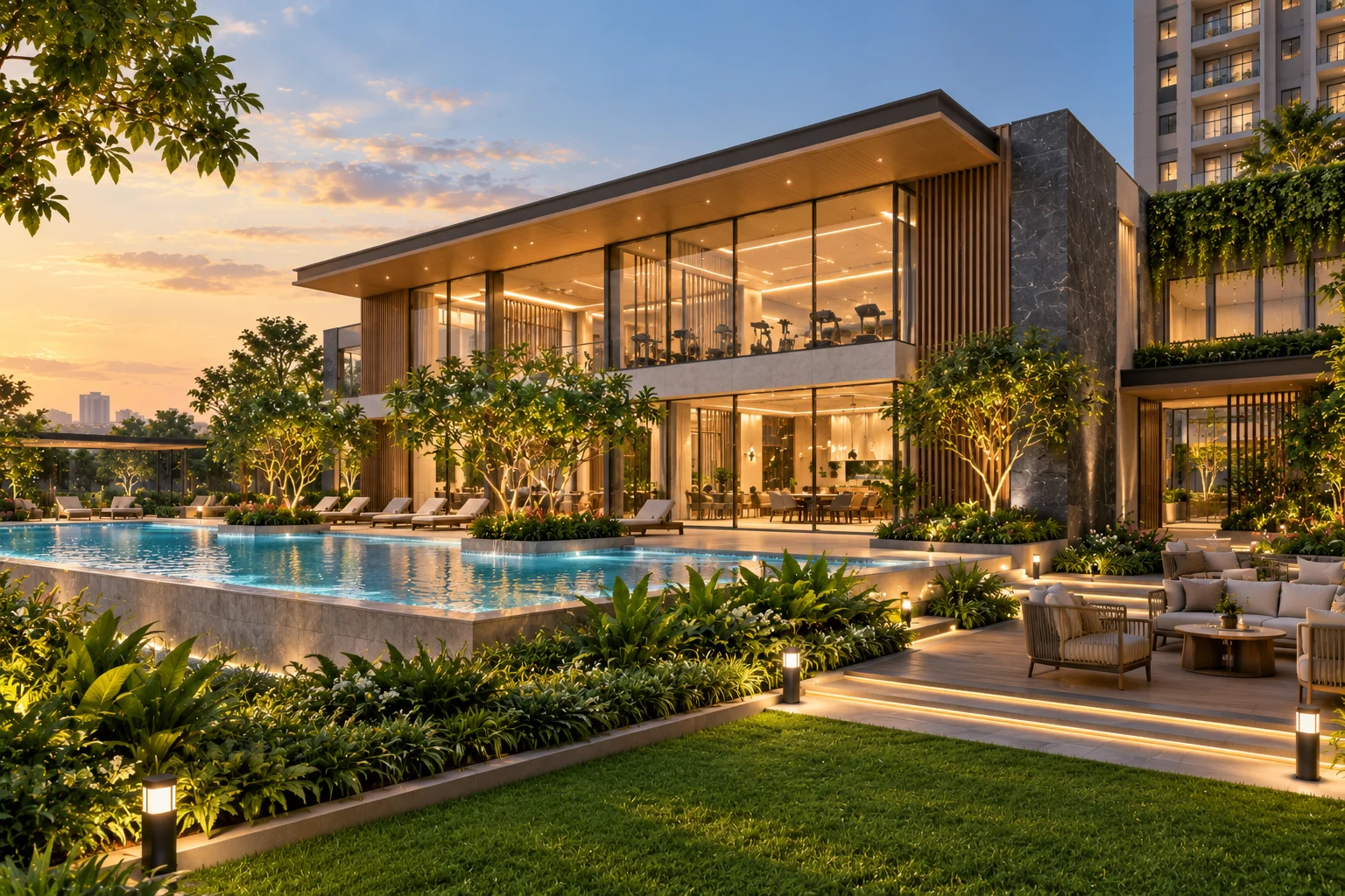 The 25,000 sq.ft clubhouse and swimming pool at dusk